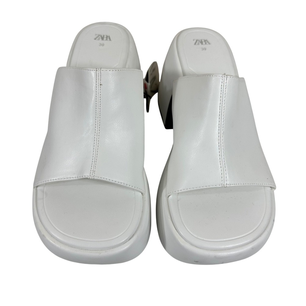 Zara Womens White Platform Mule Sandals Chunky Y2K Block Heel Size 8 39 NWT